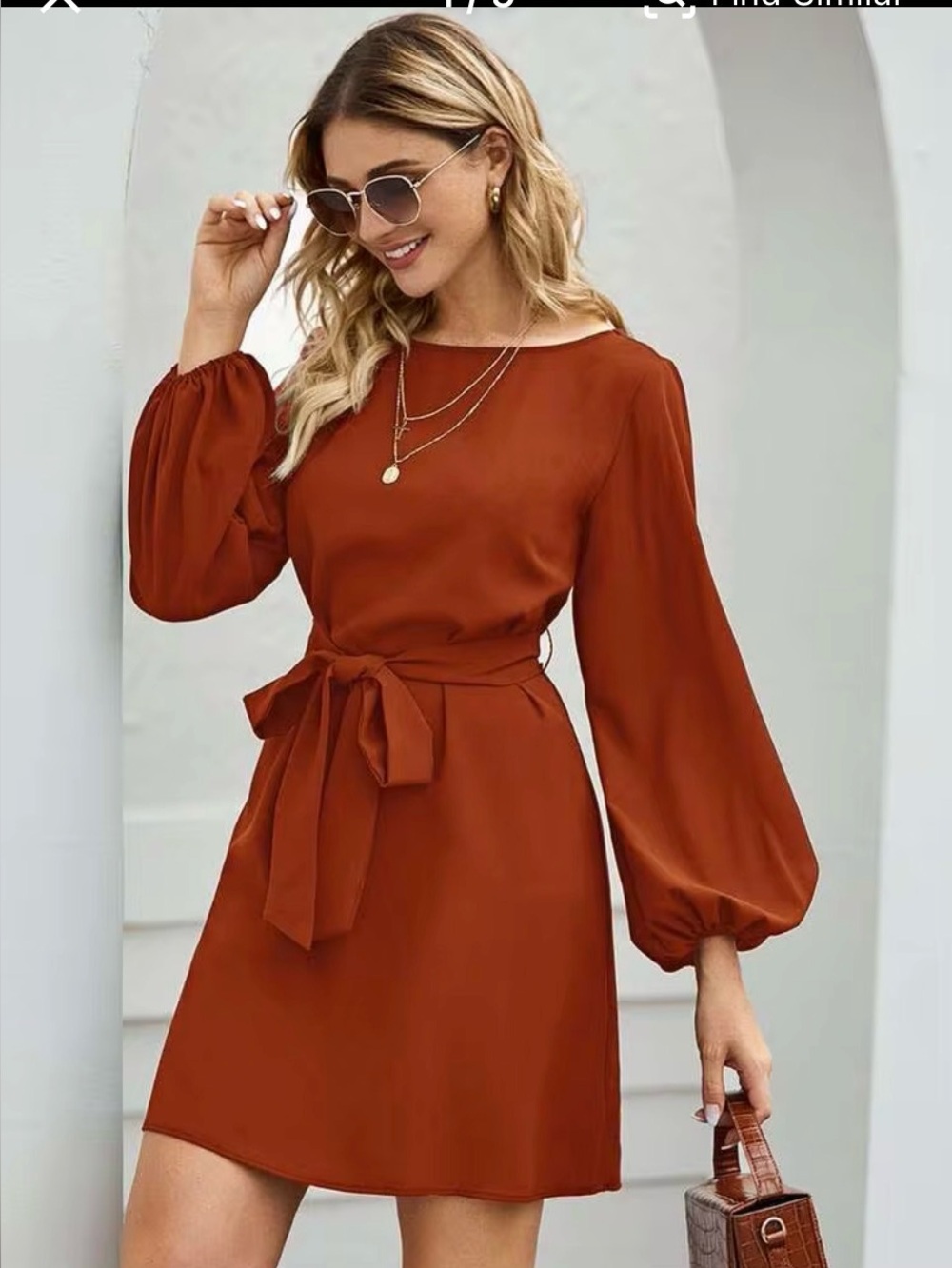 SHEIN Burnt Orange Tie Waist Long Sleeve Mini Dress Size L US 8/10